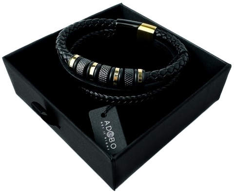 Czarna bransoletka rzemykowa ze skóry ekologicznej i zdobieniami ze stali nierdzewnej w złotym kolorze