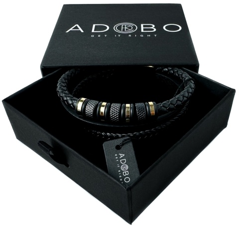 Czarna bransoletka rzemykowa ze skóry ekologicznej i zdobieniami ze stali nierdzewnej w złotym kolorze