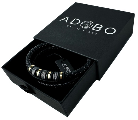 Czarna bransoletka rzemykowa ze skóry ekologicznej i zdobieniami ze stali nierdzewnej w złotym kolorze