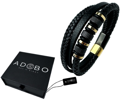 Czarna bransoletka rzemykowa ze skóry ekologicznej i zdobieniami ze stali nierdzewnej w złotym kolorze