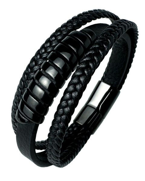 Czarna bransoletka rzemykowa ze skóry ekologicznej i zdobieniami ze stali nierdzewnej