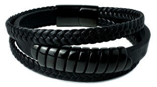 Czarna bransoletka rzemykowa ze skóry ekologicznej i zdobieniami ze stali nierdzewnej