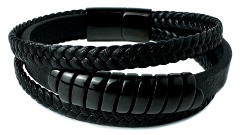 Czarna bransoletka rzemykowa ze skóry ekologicznej i zdobieniami ze stali nierdzewnej
