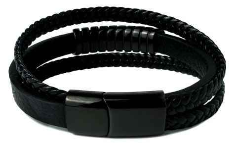 Czarna bransoletka rzemykowa ze skóry ekologicznej i zdobieniami ze stali nierdzewnej