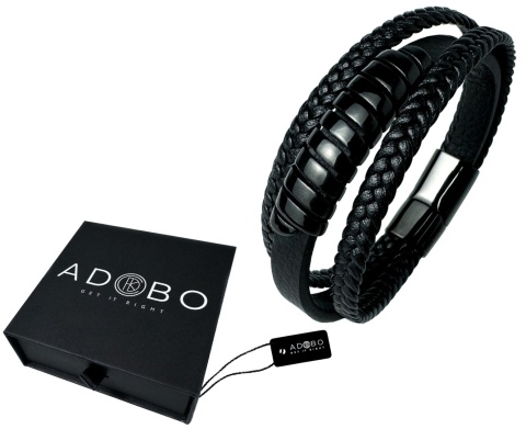 Czarna bransoletka rzemykowa ze skóry ekologicznej i zdobieniami ze stali nierdzewnej