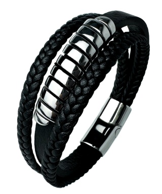 Czarna bransoletka rzemykowa ze skóry ekologicznej i zdobieniami ze stali nierdzewnej