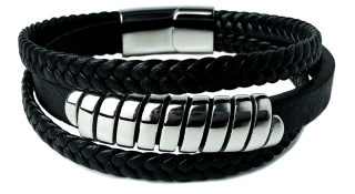 Czarna bransoletka rzemykowa ze skóry ekologicznej i zdobieniami ze stali nierdzewnej