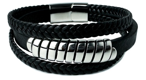 Czarna bransoletka rzemykowa ze skóry ekologicznej i zdobieniami ze stali nierdzewnej