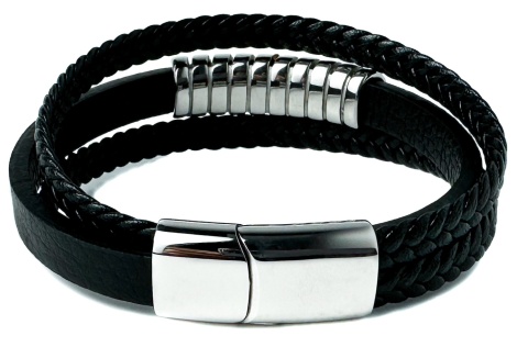 Czarna bransoletka rzemykowa ze skóry ekologicznej i zdobieniami ze stali nierdzewnej