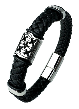 Czarna bransoletka rzemykowa ze skóry ekologicznej i zdobieniami ze stali nierdzewnej