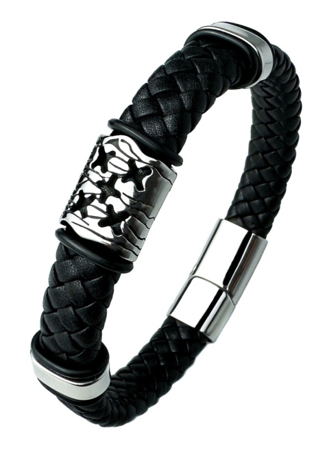 Czarna bransoletka rzemykowa ze skóry ekologicznej i zdobieniami ze stali nierdzewnej