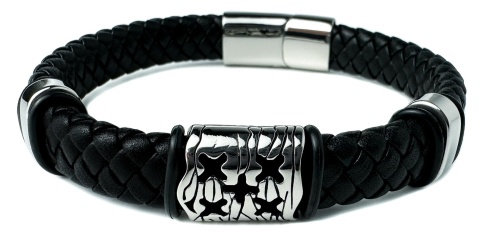 Czarna bransoletka rzemykowa ze skóry ekologicznej i zdobieniami ze stali nierdzewnej