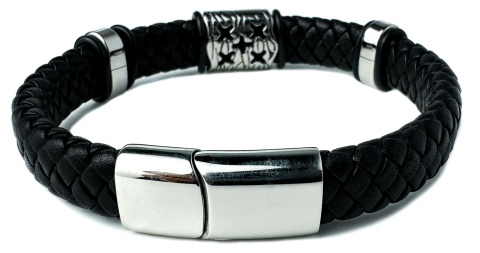 Czarna bransoletka rzemykowa ze skóry ekologicznej i zdobieniami ze stali nierdzewnej