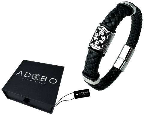 Czarna bransoletka rzemykowa ze skóry ekologicznej i zdobieniami ze stali nierdzewnej