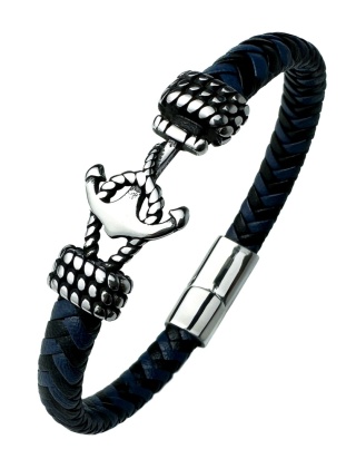 Niebieska bransoletka rzemykowa ze skóry ekologicznej i zdobieniami ze stali nierdzewnej