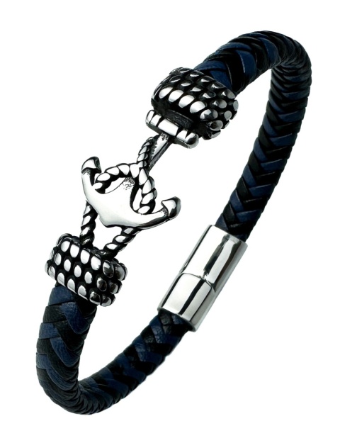 Niebieska bransoletka rzemykowa ze skóry ekologicznej i zdobieniami ze stali nierdzewnej