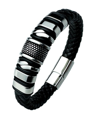 Czarna bransoletka rzemykowa ze skóry ekologicznej i zdobieniami ze stali nierdzewnej
