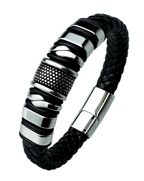 Czarna bransoletka rzemykowa ze skóry ekologicznej i zdobieniami ze stali nierdzewnej