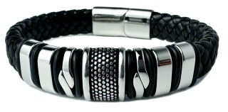 Czarna bransoletka rzemykowa ze skóry ekologicznej i zdobieniami ze stali nierdzewnej