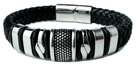 Czarna bransoletka rzemykowa ze skóry ekologicznej i zdobieniami ze stali nierdzewnej