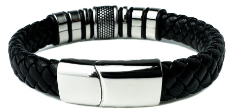 Czarna bransoletka rzemykowa ze skóry ekologicznej i zdobieniami ze stali nierdzewnej