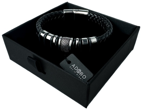 Czarna bransoletka rzemykowa ze skóry ekologicznej i zdobieniami ze stali nierdzewnej