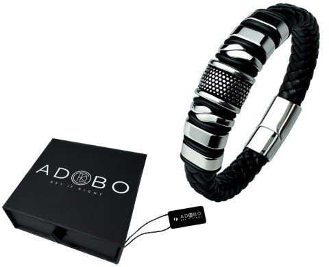 Czarna bransoletka rzemykowa ze skóry ekologicznej i zdobieniami ze stali nierdzewnej