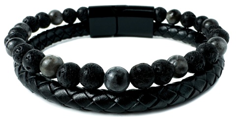 Czarna bransoletka rzemykowa ze skóry ekologicznej, skały wulkanicznej i turmalinu
