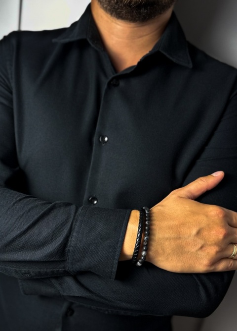 Czarna bransoletka rzemykowa ze skóry ekologicznej, skały wulkanicznej i turmalinu