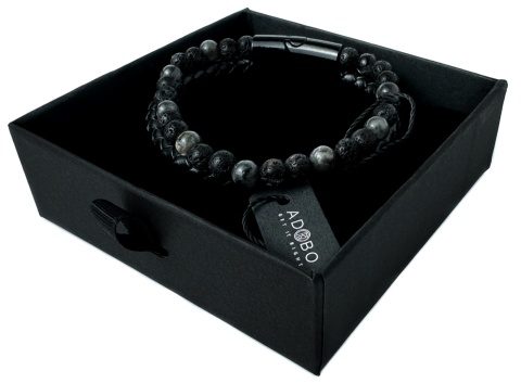 Czarna bransoletka rzemykowa ze skóry ekologicznej, skały wulkanicznej i turmalinu