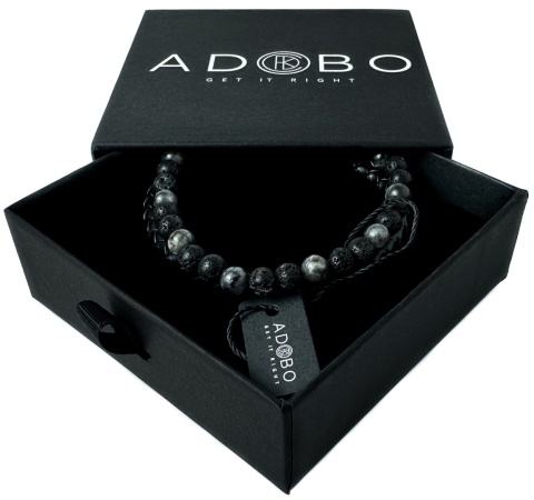 Czarna bransoletka rzemykowa ze skóry ekologicznej, skały wulkanicznej i turmalinu