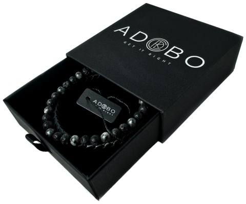 Czarna bransoletka rzemykowa ze skóry ekologicznej, skały wulkanicznej i turmalinu