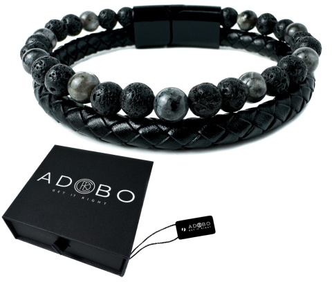 Czarna bransoletka rzemykowa ze skóry ekologicznej, skały wulkanicznej i turmalinu