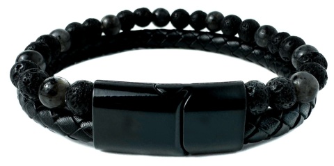 Czarna bransoletka rzemykowa ze skóry ekologicznej, skały wulkanicznej i turmalinu