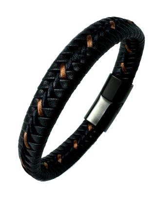 Czarna bransoletka rzemykowa ze skóry ekologicznej, z jasnobrązowymi szwami