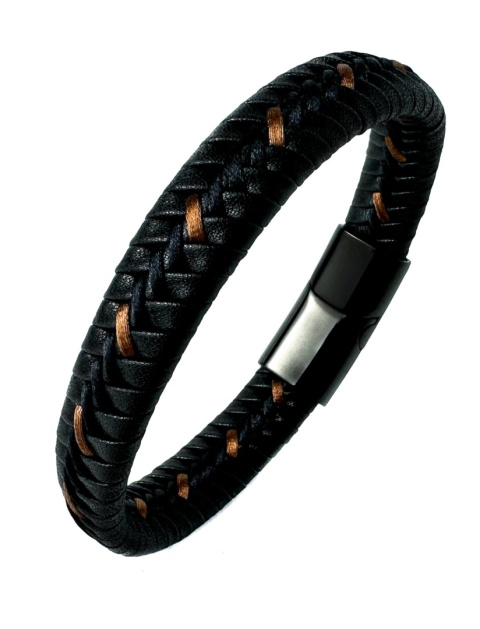 Czarna bransoletka rzemykowa ze skóry ekologicznej, z jasnobrązowymi szwami