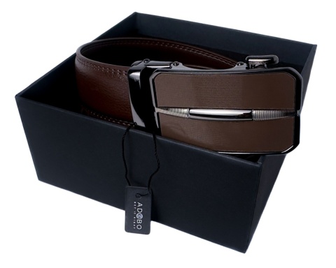 Męski, brązowy pasek z automatyczną, czarno-brązową klamrą