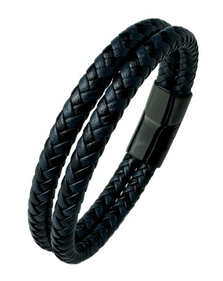 Niebieska bransoletka rzemykowa ze skóry ekologicznej i stali nierdzewnej, z podwójnym splotem rzemykowym