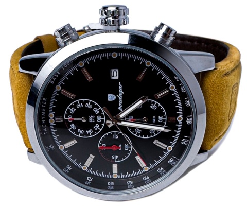 Zegarek męski z paskiem z brązowej skóry ekologicznej i chronografem