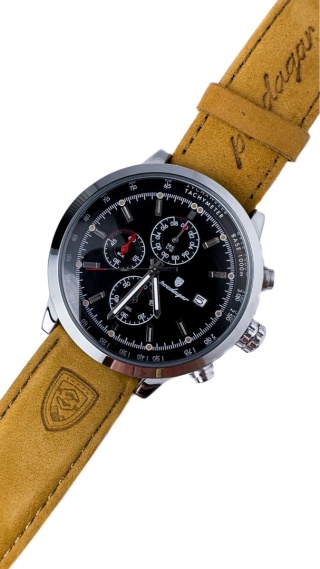 Zegarek męski z paskiem z brązowej skóry ekologicznej i chronografem