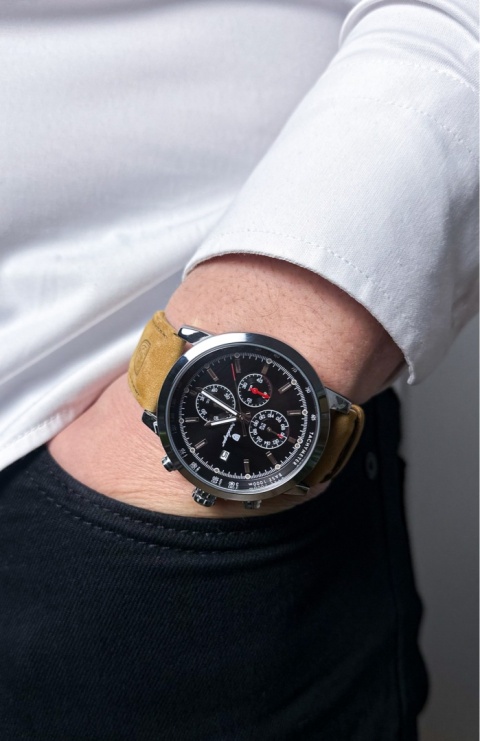 Zegarek męski z paskiem z brązowej skóry ekologicznej i chronografem