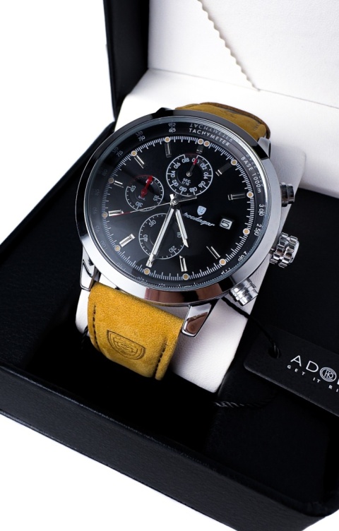 Zegarek męski z paskiem z brązowej skóry ekologicznej i chronografem