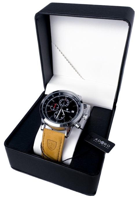 Zegarek męski z paskiem z brązowej skóry ekologicznej i chronografem