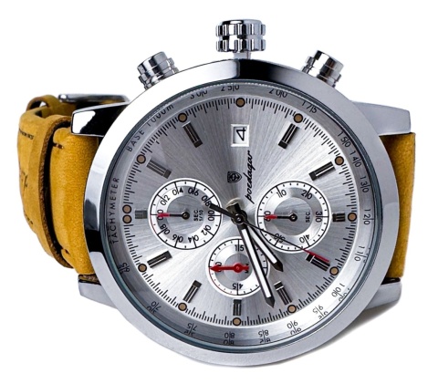 Zegarek męski z paskiem z brązowej skóry ekologicznej i chronografem