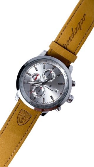 Zegarek męski z paskiem z brązowej skóry ekologicznej i chronografem