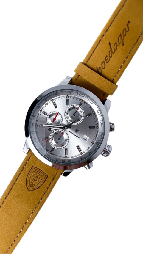 Zegarek męski z paskiem z brązowej skóry ekologicznej i chronografem