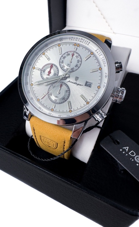 Zegarek męski z paskiem z brązowej skóry ekologicznej i chronografem