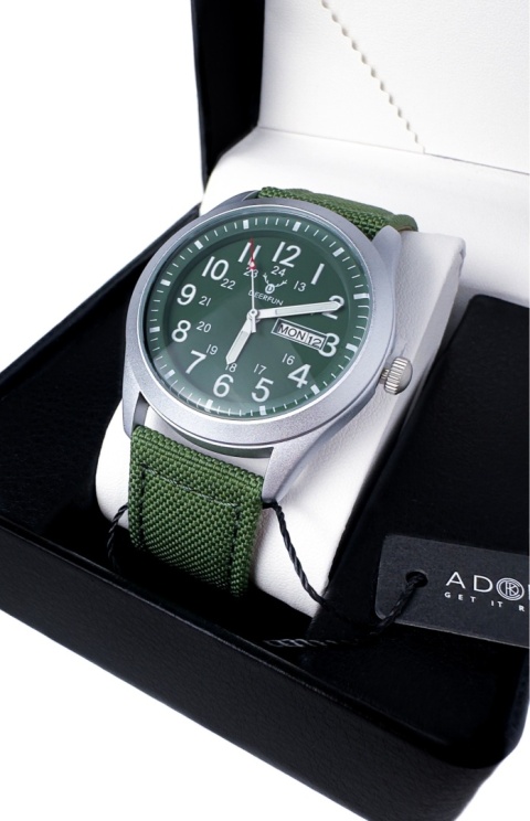 Zegarek męski z zielonym, parcianym paskiem